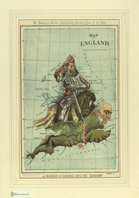Map of England: a modern St. George and the dragon!!!St. Stephen's review presentation cartoon, June 9th, 1888