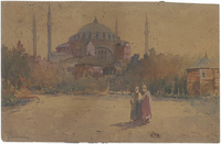 Two figures on foreground of Sultan Ahmed Mosque