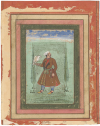 Portrait of a nobleman in hunting dress holding a falcon
