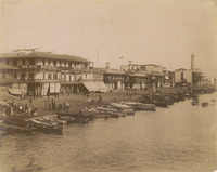 View of Port Said with the New Hotel and pleasure boats